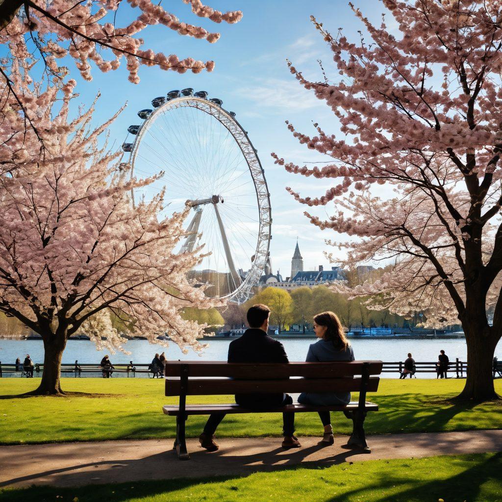 A picturesque view of a couple embracing on a serene park bench in London's Hyde Park, framed by blooming cherry blossom trees and a glimpse of the iconic London Eye in the background. Soft sunlight filters through the leaves, casting gentle shadows, while a picnic basket lies nearby. The atmosphere is dreamy and romantic, inviting viewers to imagine themselves in this magical moment. super-realistic. pastel colors. soft focus.