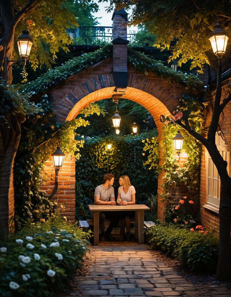 A romantic couple exploring a quaint hidden garden in London, surrounded by blooming flowers and ivy-covered brick walls, with lanterns hanging from the trees and a cozy bench for two. The scene captures a sense of adventure and intimacy, with soft golden light filtering through the leaves. super-realistic. vibrant colors. warm ambiance.