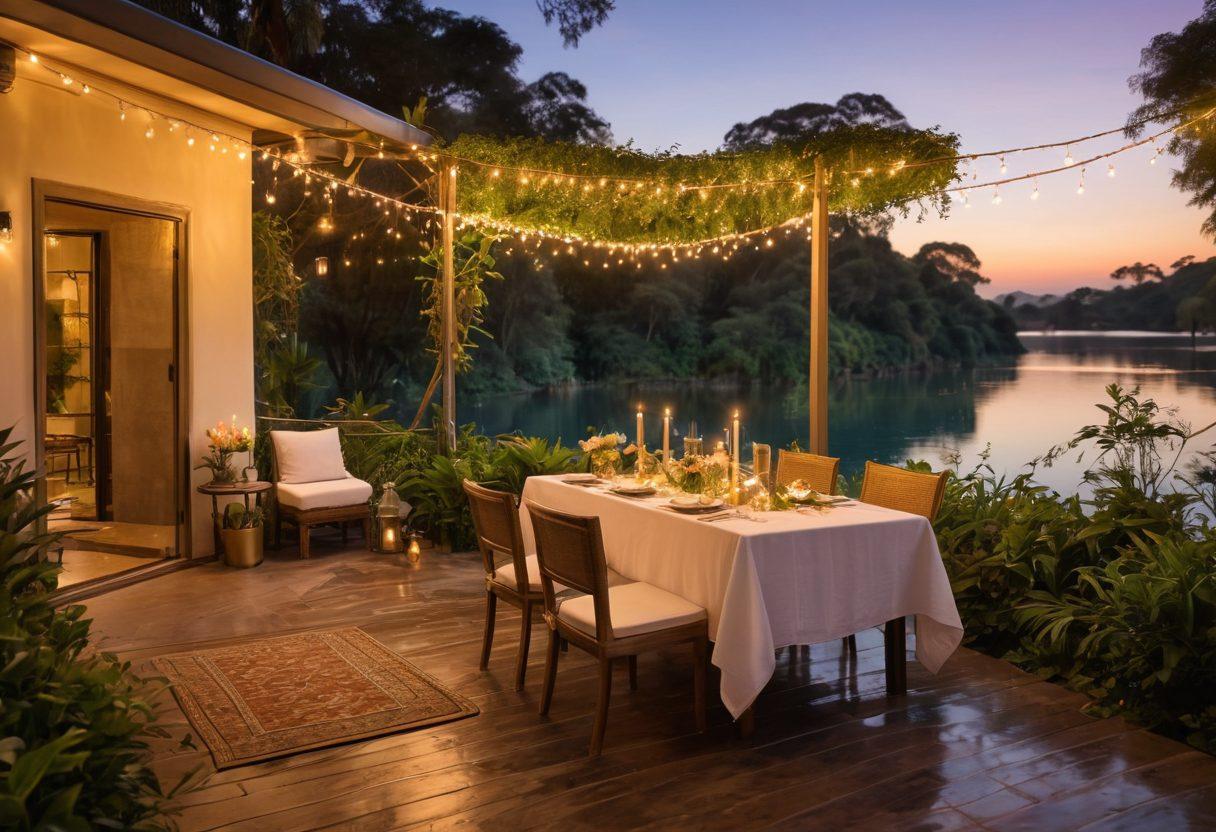 A serene, opulent retreat setting showcasing a beautifully set dinner table for two under twinkling fairy lights, surrounded by lush greenery and tranquil waters. Include a luxurious spa area with candles and soft towels in the background, hinting at relaxation and indulgence. Soft golden hour lighting to enhance the romantic atmosphere. super-realistic. vibrant colors.